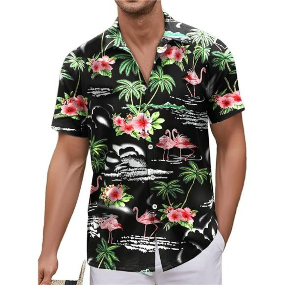 Mens Hawaiian Shirt Short Sleeve Flamingo Button Down Beach Vacation Aloha Top